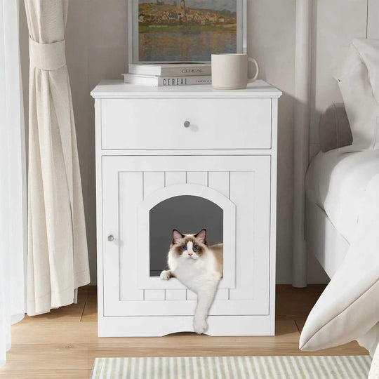 Cat Litter Box Enclosure - Wooden Furniture Side Table with Hidden Storage White - angle view with best wooden litter box ...
