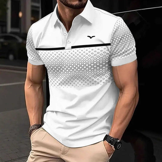Men's Slim-Fit Printed Lapel Short-Sleeve Polo Shirt S - bvodoz men's colorblock lapel short sleeve zipper slim fit printe...