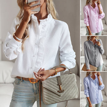 Striped Long Sleeve Shirt Fashion Ruffle Design Button Up Tops Casual Office Blouse Elegant Commuting Women's Clothing Meifu Market