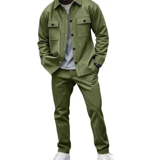 Men's Suede Solid Color Single-breasted Tooling Cardigan Two-piece Set Meifu Market