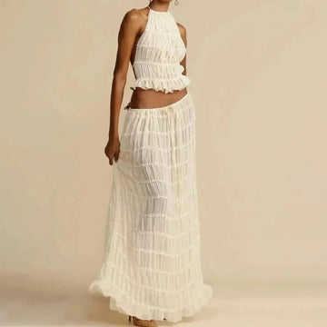 sexy backless halter top | pleated maxi skirt set | sleeveless cropped top | energy saving