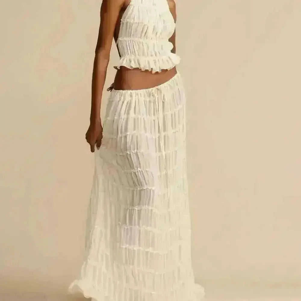2pcs Women's Dress Suit Sexy Sleeveless Backless Cropped Halter Top And Pleated Long Skirt Beach Clothing - side view...
