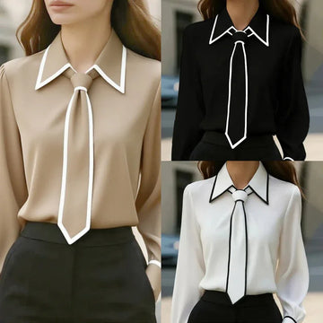 Women's Classic Tie & Lapel Blouse, Long Sleeve Contrast Color Design Shirt For Office And Formal Wear Meifu Market