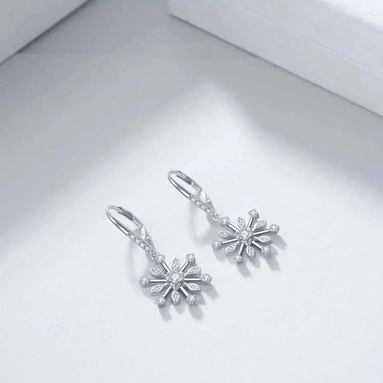 sterling silver leverback earrings | zirconia snowflake dangle earrings | hypoallergenic silver jewelry | energy saving