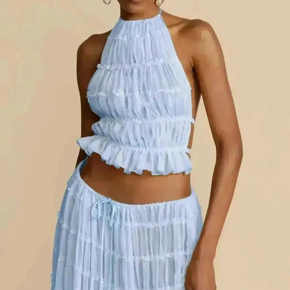 2pcs Women's Dress Suit Sexy Sleeveless Backless Cropped Halter Top And Pleated Long Skirt Beach Clothing - view 7...