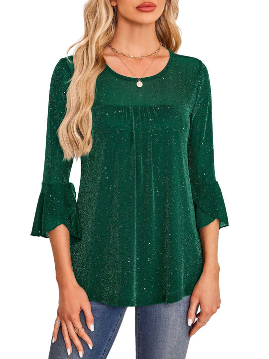 Women's Mesh Patchwork Ruched Flare-Sleeve Top - Meifu Market