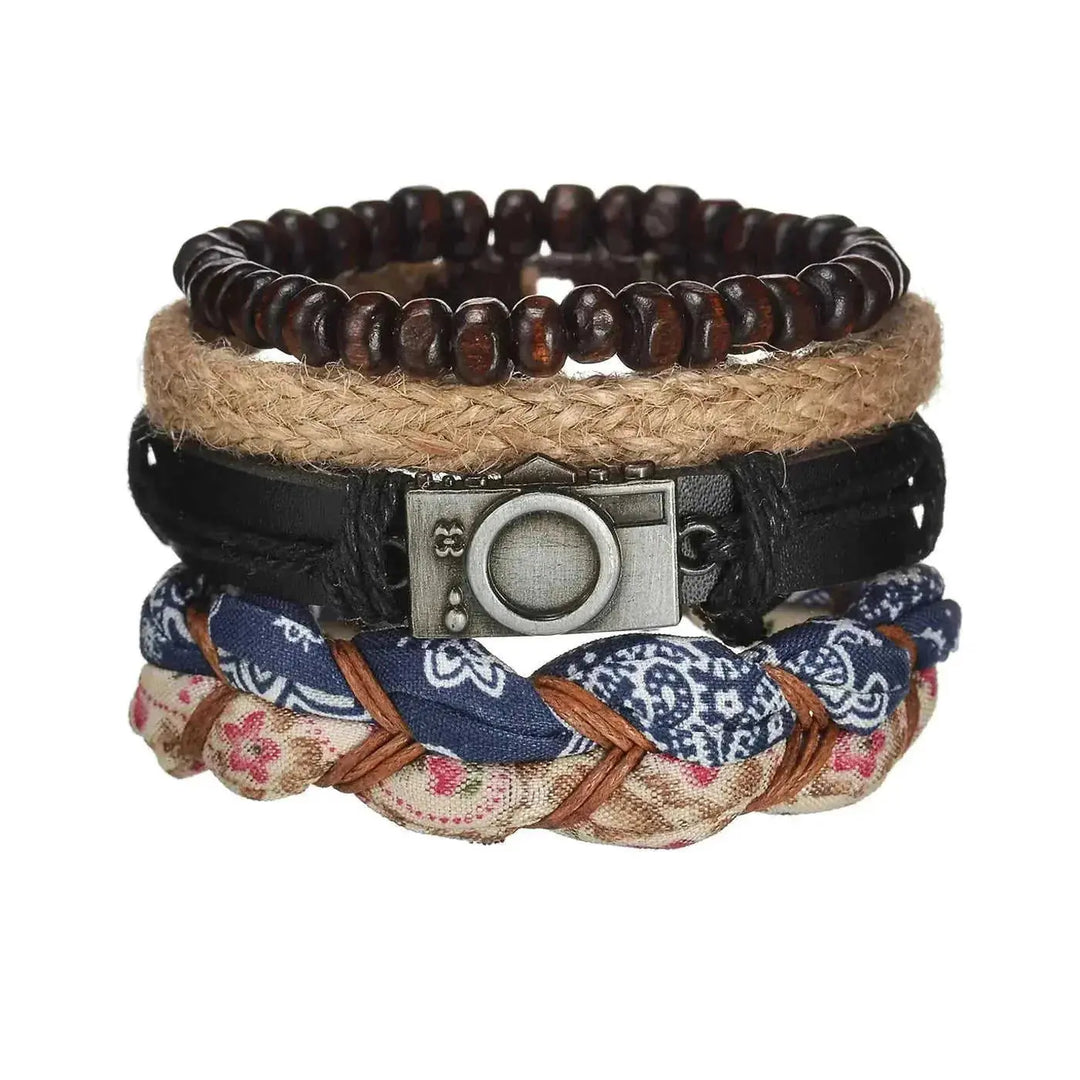 braided leather bracelet for men | vintage charm wood beads | adjustable wrap wristband | energy saving