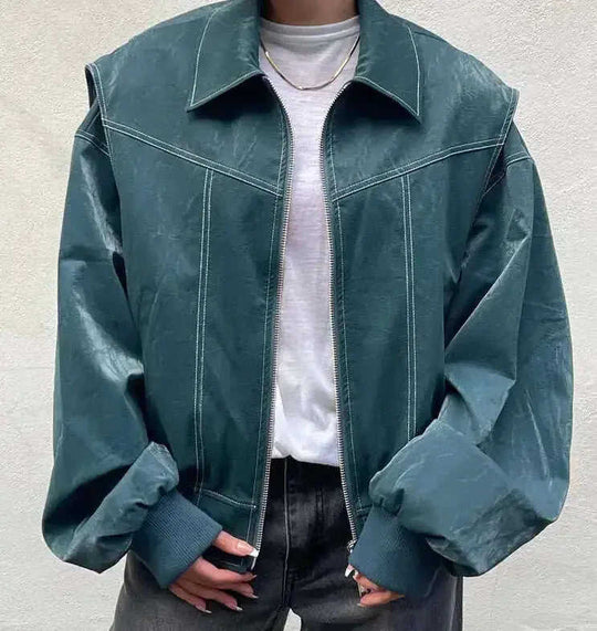 Loose Fashion Lapel Zip-up Jacket Cool Long Sleeve Zipper Closure Moto Biker Leather Jacket Womens Clothing Meifu Market