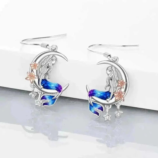 925 Sterling Silver Mermaid Earrings - Crescent Moon Dangle Drop with Zircon Crystals - view 6 (color: silver | pattern:...