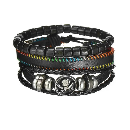 braided leather bracelet for men | vintage charm wood beads | adjustable wrap wristband | ultrasonic cleaning