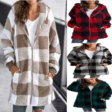 Women's Plaid Hooded Jacket, Long Sleeve Zip Up Oversized Coat With Pockets For Winter Casual And Commute Meifu Market