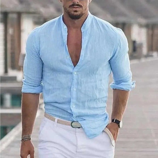 Men's Long Sleeve Shirt With Button Casual Solid Color Tops For Spring Autumn Gray - angle view with best long sleeve butt...