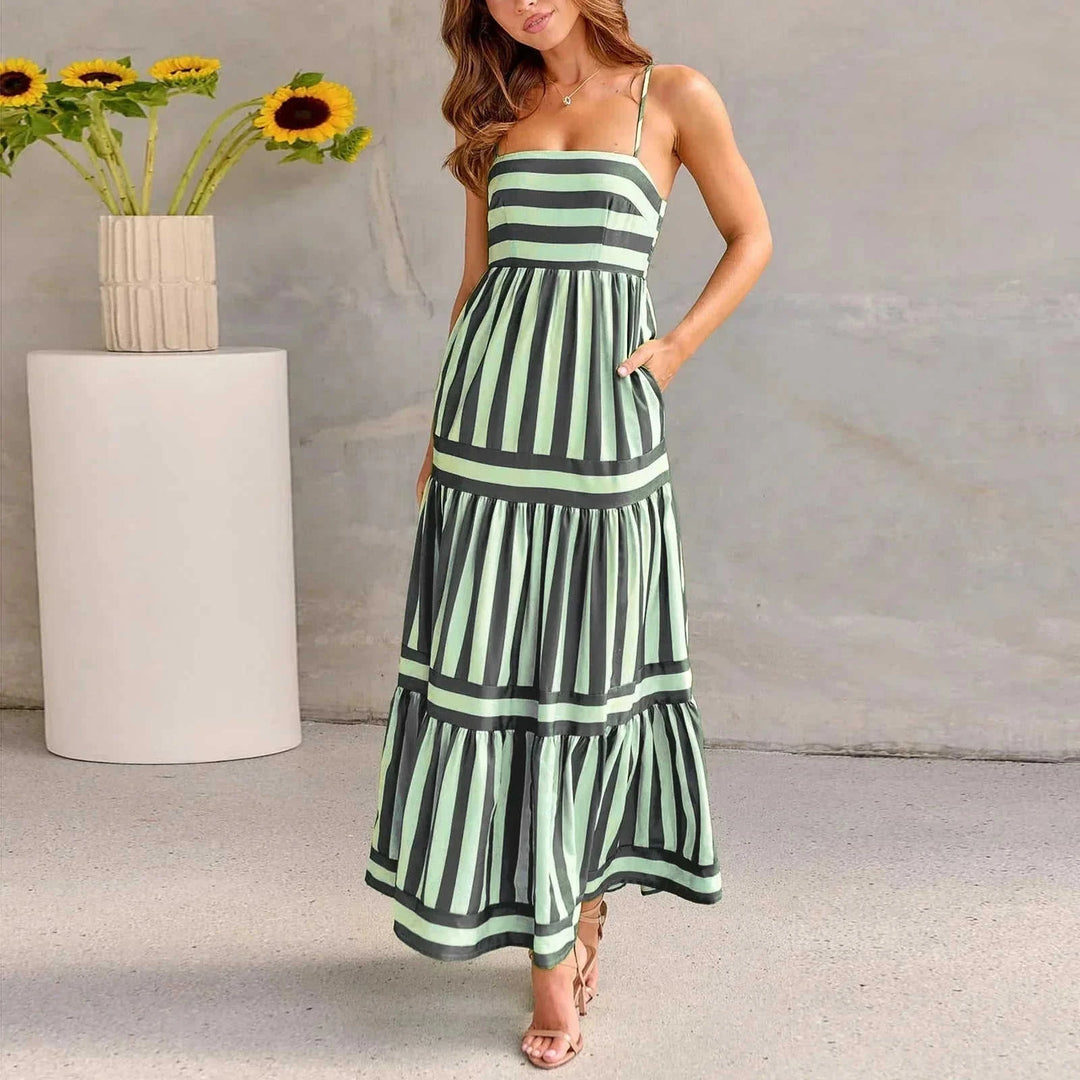 striped maxi dress with pockets | square neck backless dress | lightweight cotton blend dress | ultrasonic cleaning