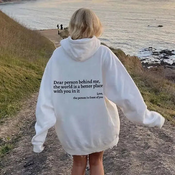 Dear Person Behind Me,the World Is A Better Place,with You In It,love,the Person In Front Of You,Women's Plush Letter Printed Kangaroo Pocket Drawstring Printed Hoodie Unisex Trendy Hoodies Meifu Market