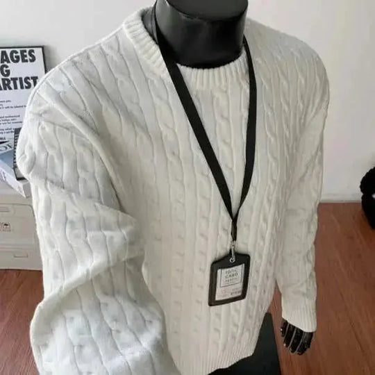 Retro Twist Round Neck Sweater Loose Casual Sweater - view 7 (material: polyester | color: white, navy | pattern: check)