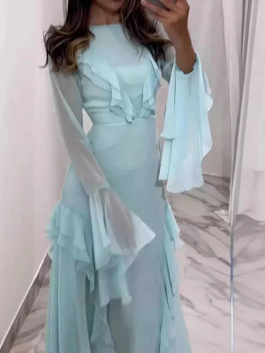 round neck ruffle sleeve maxi dress | chiffon long sleeve maxi dress | floor length evening gown | energy saving