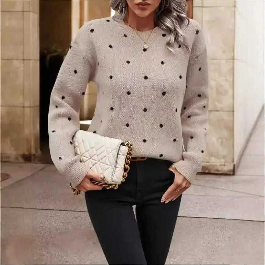 Ins Polka Dot Print Pullover Sweater Fashion Casual Long-sleeved Jacquard Knitted Top Winter Round Neck Clothing For Women Meifu Market