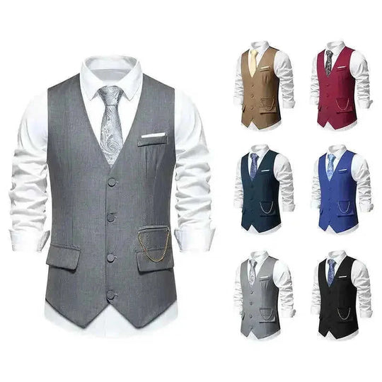 New Men's Solid Color Suit V-neck Single Breasted Chain Vest Navy Blue - color variant display
