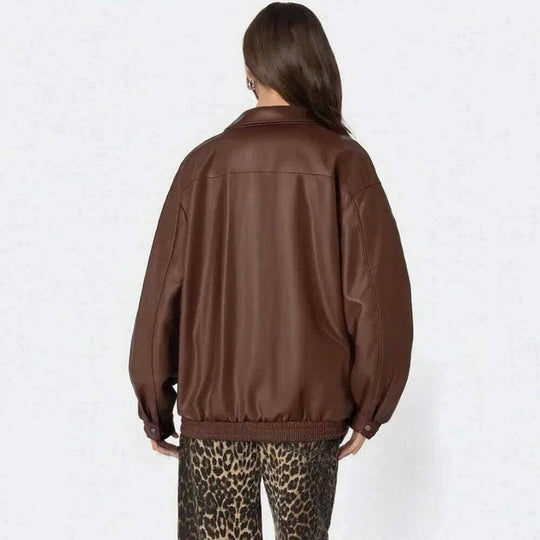 Women's Leather Jacket Loose Long Sleeve Lapel Motorcycle Jacket Meifu Market