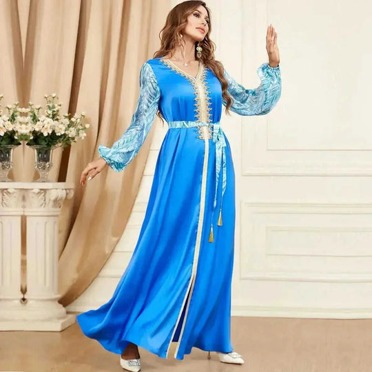 patchwork embroidery dress | long sleeve maxi dress | puff sleeve arabic dress | ultrasonic cleaning
