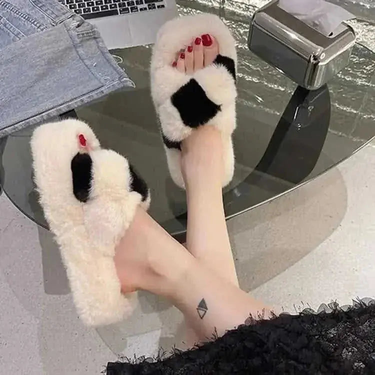 cross-strap fuzzy slippers | 5cm heel house shoes | plush indoor slippers women | energy saving