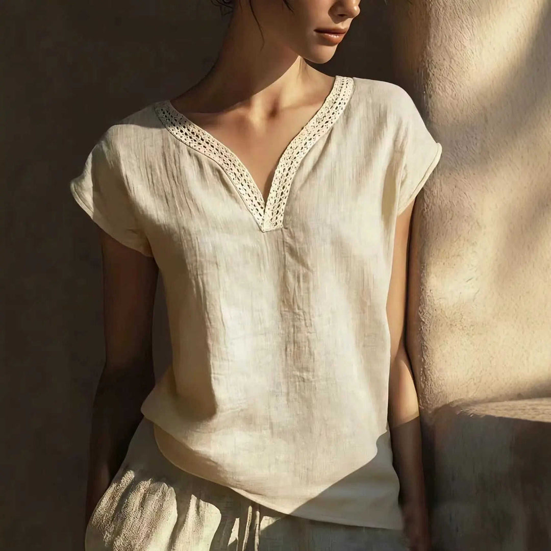 Bohemian Vintage Lace V-Neck Cotton-Linen Blouse M - styled bohemian lace cotton blouse grey floral 3 4 sleeve feminine to...