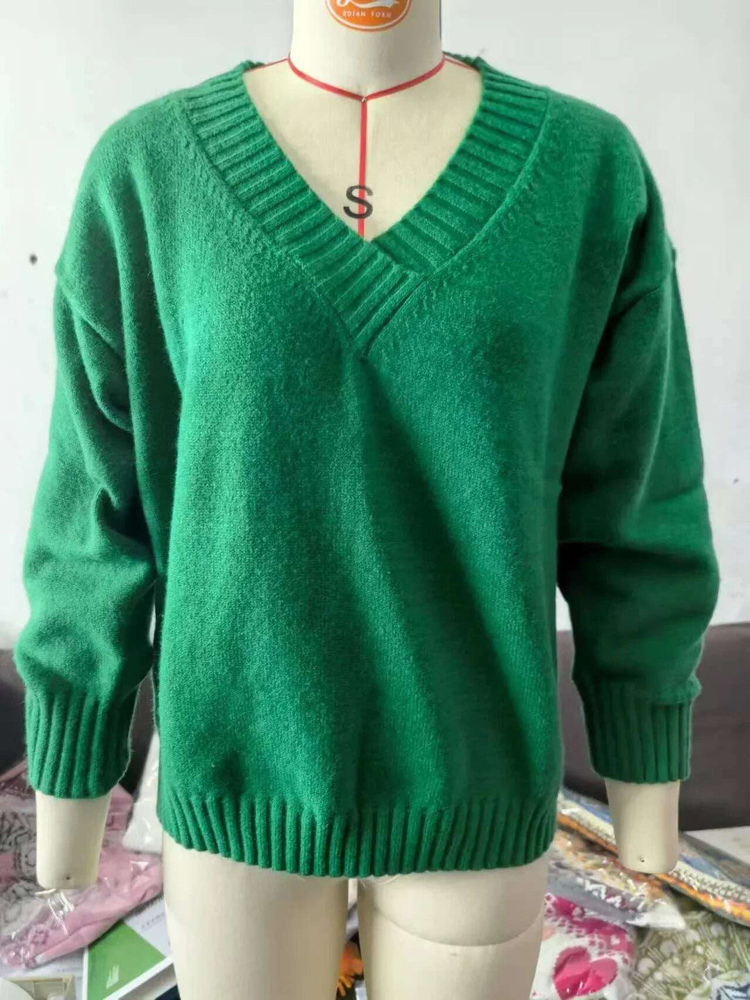 Solid V-neck Sweater Fashion Loose Long-sleeved Knitted Tops Autumn And Winter Women's Clothing Meifu Market