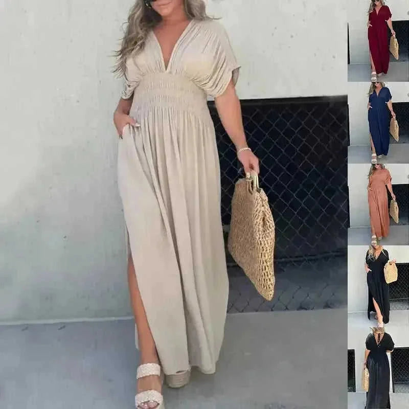 batwing sleeve dress | v-neck summer dress | elastic waist long dress | energy saving