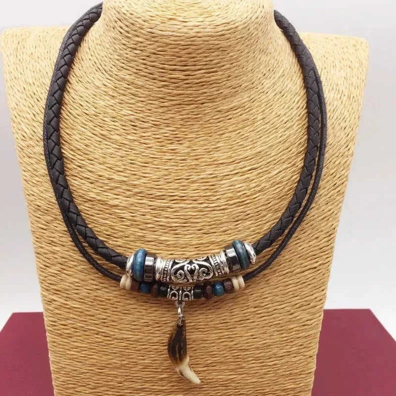 vintage tribal necklace | boho leather jewelry | double layered braided necklace | energy saving