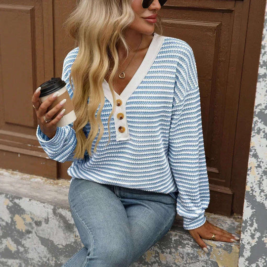 Women's V-neck Buttons Pullover Patchwork Casual Long-sleeved Top Meifu Market