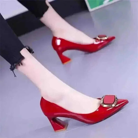 All-match Fashion Patent Leather Women's Shoes Shallow Mouth Pointed Mid Heel Women's Shoes - main view (material: suede,...
