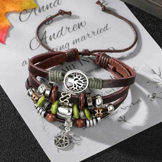 handmade beaded leather bracelet | genuine cow leather bracelet | adjustable punk bracelet | energy saving