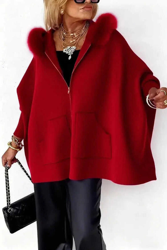 Ins Plush Hooded Cardigan Fashion Warm Pockets Zip-up Knitted Jacket Casual Outerwear Batwing Sleeve Sweater Women's Cloth...