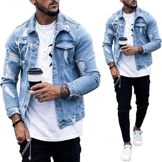 ripped denim jacket for men | irregular wash distressed jacket | vintage style trucker jacket | energy saving