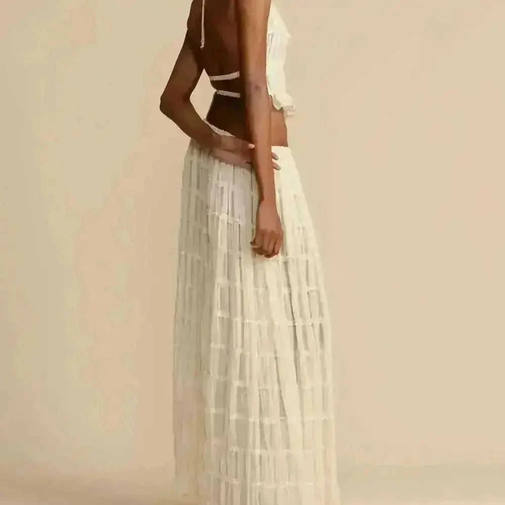 2pcs Women's Dress Suit Sexy Sleeveless Backless Cropped Halter Top And Pleated Long Skirt Beach Clothing - view 17...