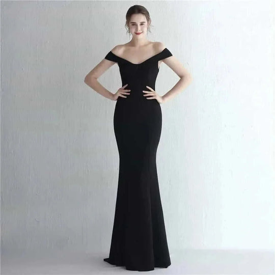 off-shoulder maxi dress | stretchy jersey fabric | midi length dress | ultrasonic cleaning