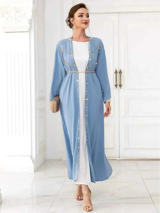hand-stitched embroidery cardigan | lightweight travel kaftan gown | premium cotton long cardigan | ultrasonic cleaning