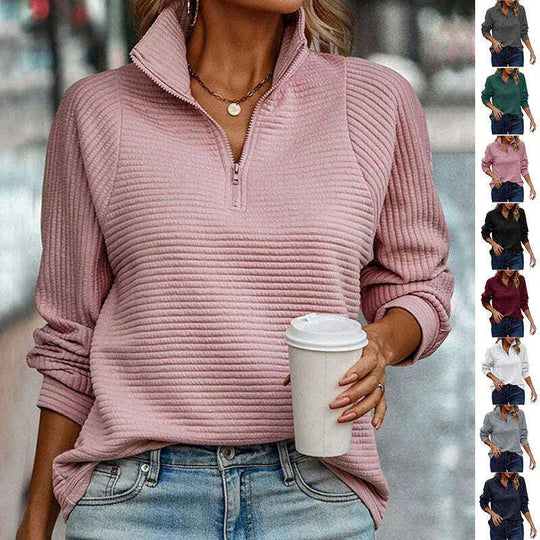 Zipper Stand Collar Pullover Sweatshirt Fashion Solid Striped Long Sleeve Top Spring And Autumn Women's Clothing Meifu Market
