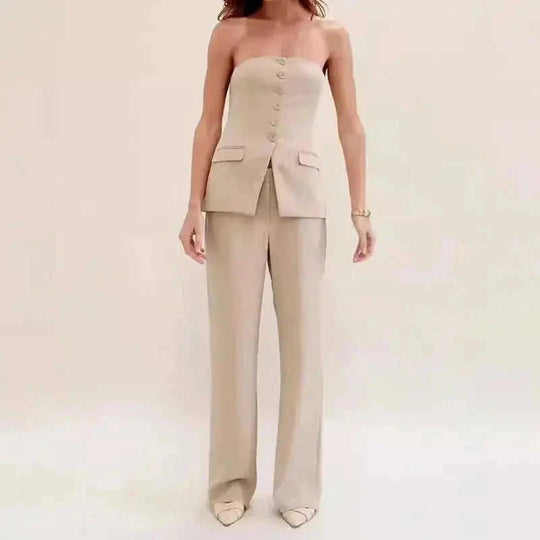tube top and pants set | polyester spandex fabric | sleeveless button down top | energy saving