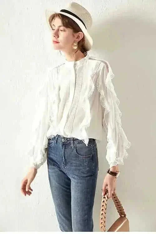 french linen shirt | loose fit blouse | lace trim top | ultrasonic cleaning
