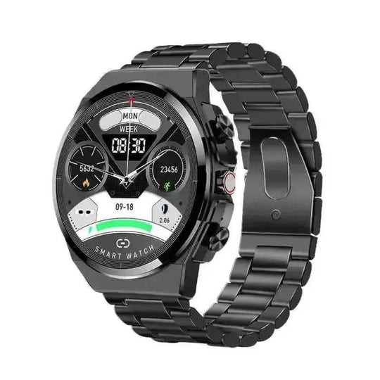 2-in-1 Bluetooth Earbuds Smartwatch - Heart Rate Monitor with Wireless Calling & Fitness Tracking Black Steel Belts - text...
