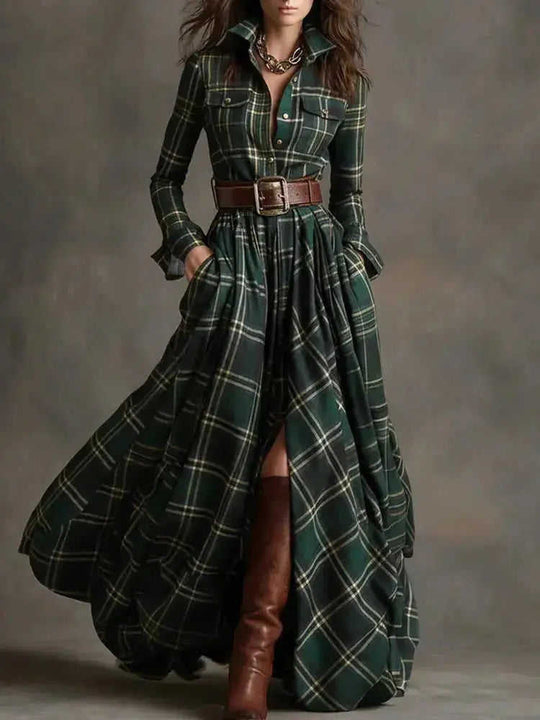 French Retro Plaid Dress - Plus Size Belted Waist Irregular Hem Dress Meifu Market