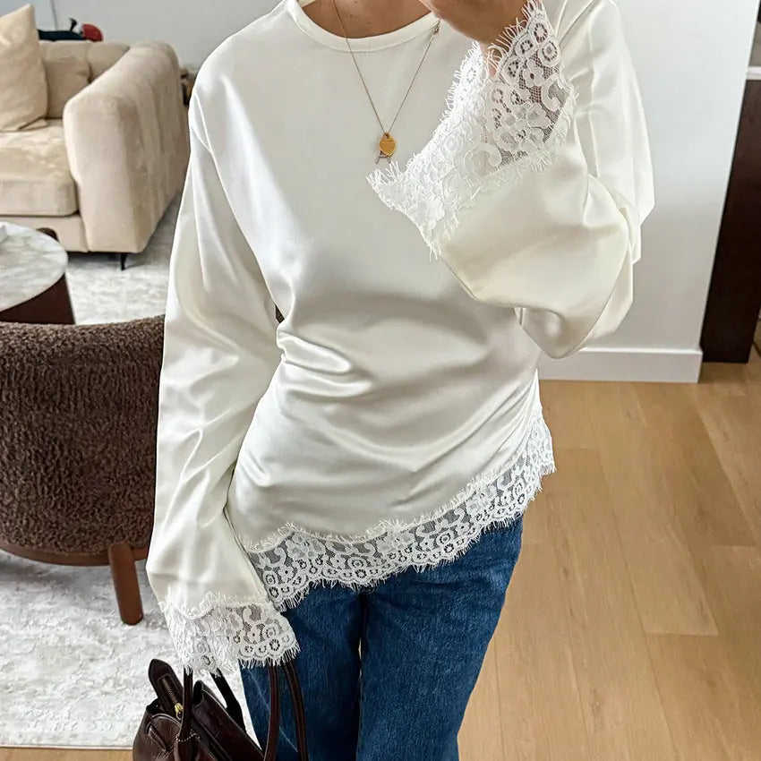 Casual Solid Color Lace Patchwork Top M - angle view with inawly women's casual solid color lace patchwork ruffle sleeve f...
