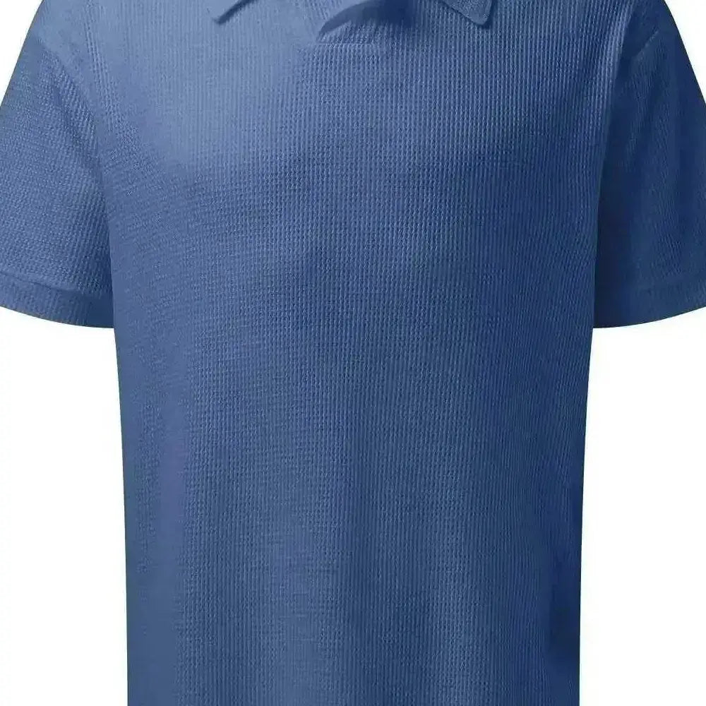 2pcs Set Men V Neck Polo Shirt Lapel Short Sleeve Men's Suit Waffle Style Casual Fashion T-Shirt Summer - side view...