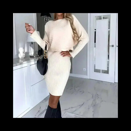 2pcs Suit Women's Solid Stripe Long-sleeved Top And Tight Suspender Skirt Fashion Autumn Winter Slim Clothing Meifu Market