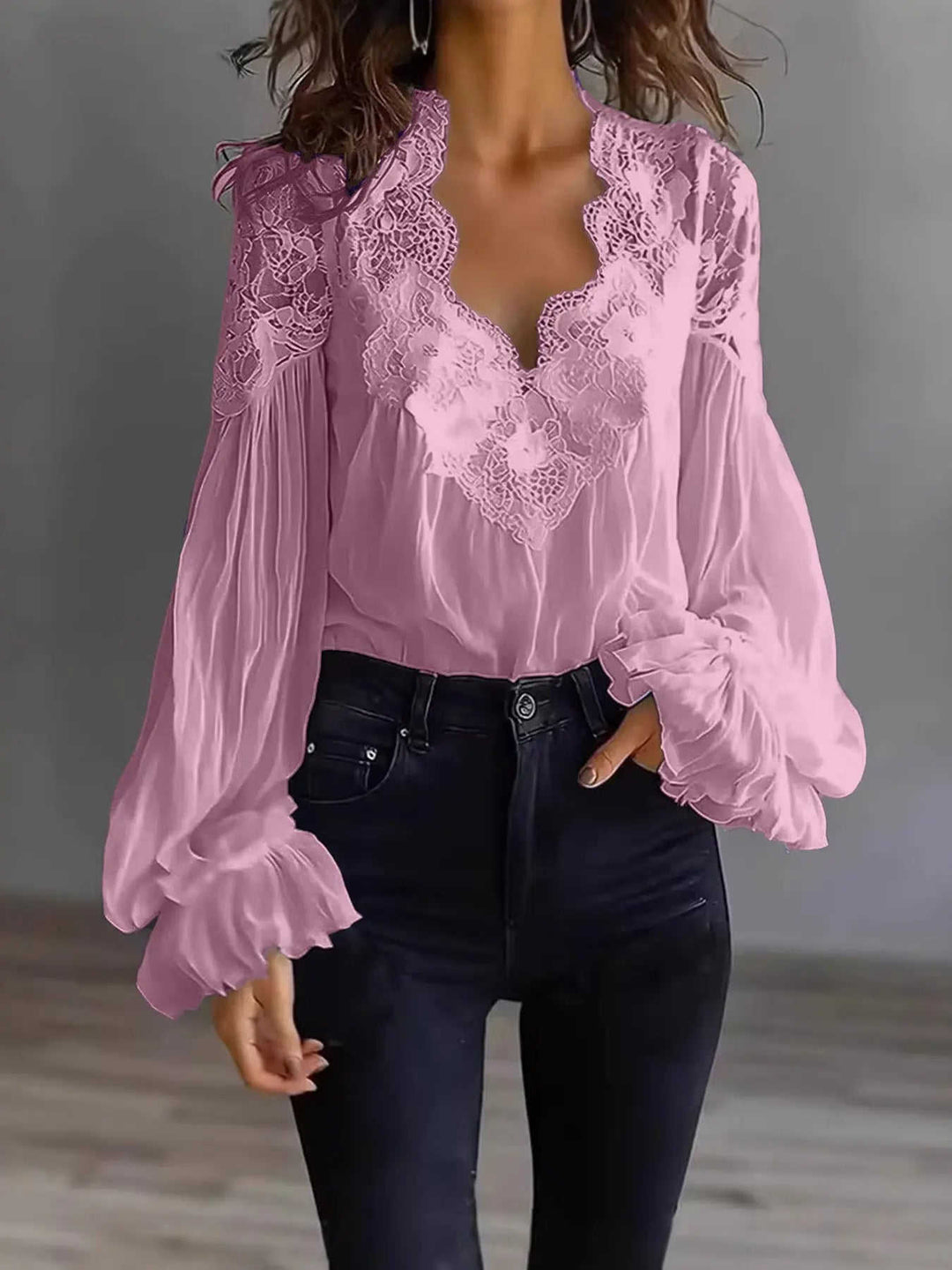 Women's Lace-Panel Puff-Sleeve Pleated Shirt - Meifu Market