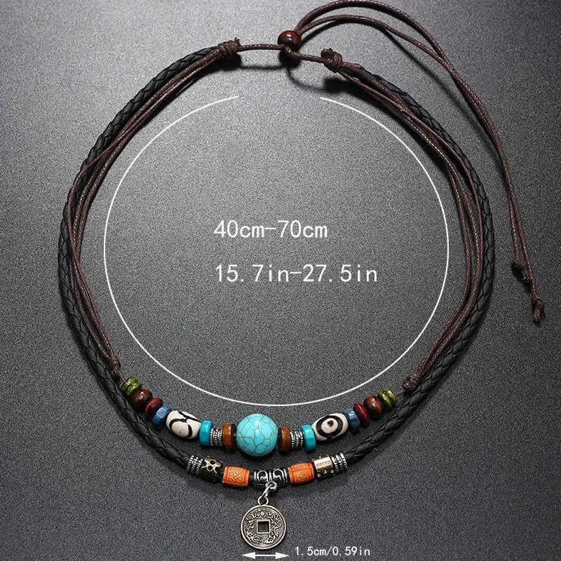 Gothic Layered Necklace - Vintage Coin Pendant Leather Beaded Prayer Jewelry 45505 - color variant display