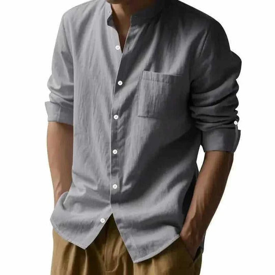 long sleeve stand collar shirt | mens casual shirt with pockets | cotton linen blend shirt | energy saving