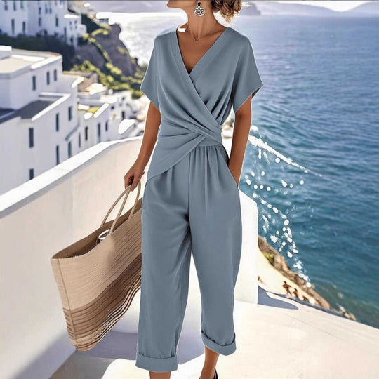 Women's V-Neck Two-Piece Pleated Suit Set - Meifu Market