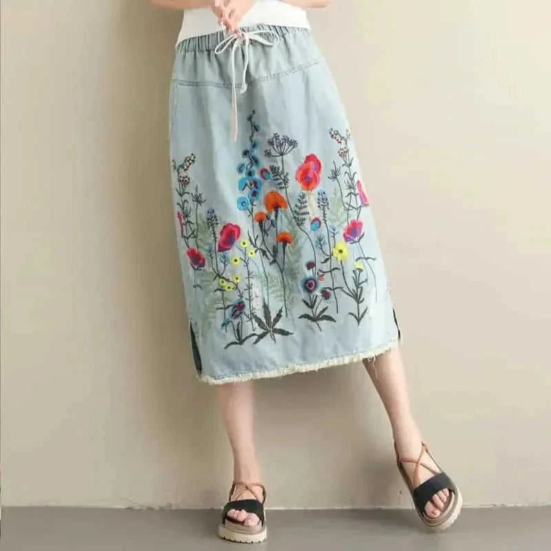plus size embroidered denim skirt | heavy embroidery maxi skirt | ethnic style denim skirt | ultrasonic cleaning